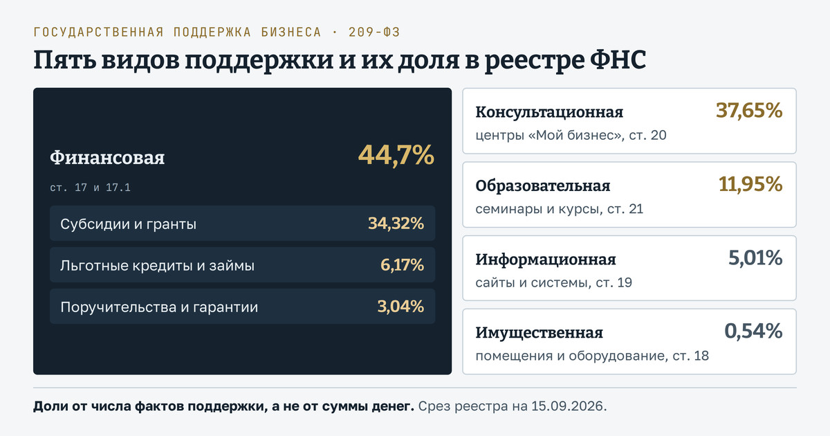 Карта государственной поддержки бизнеса по закону 209-ФЗ: финансовая поддержка (субсидии и гранты, льготные кредиты и займы, поручительства) - 44,7% фактов в реестре ФНС, консультационная - 37,65%, образовательная - 11,95%, информационная - 5,01%, имущественная - 0,54%; у каждого вида указана статья закона