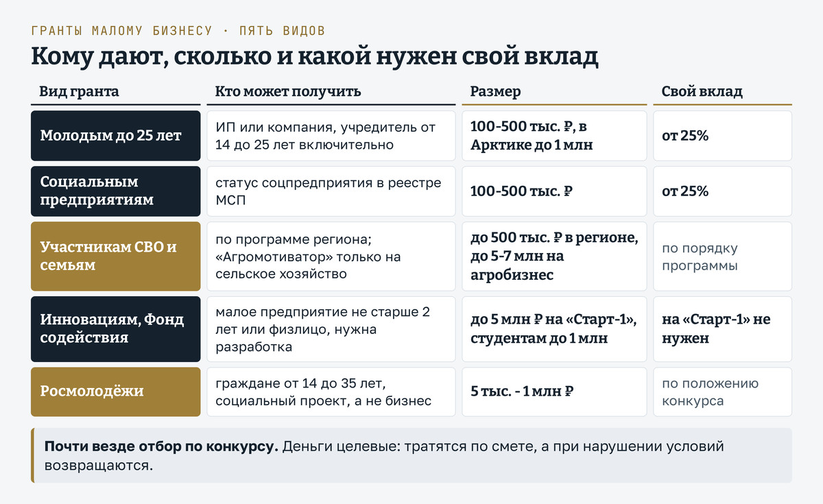 Пять видов грантов рядом: гранты молодым предпринимателям до 25 лет и соцпредприятиям от 100 до 500 тысяч рублей при своём вкладе от 25%, в Арктике до 1 миллиона; участникам СВО до 500 тысяч по программам регионов и до 5-7 миллионов на агробизнес; Фонд содействия инновациям до 5 миллионов на «Старт-1» без вклада, студентам до 1 миллиона; Росмолодёжь от 5 тысяч до 1 миллиона на социальный проект гражданам 14-35 лет