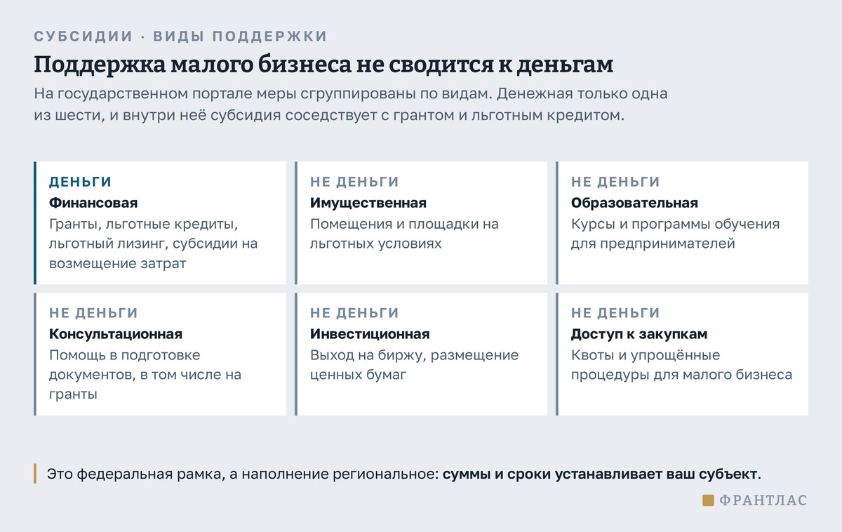 Шесть видов поддержки малого бизнеса: финансовая, куда входят гранты, льготные кредиты, лизинг и субсидии, и пять неденежных - имущественная, образовательная, консультационная, инвестиционная и доступ к закупкам.
